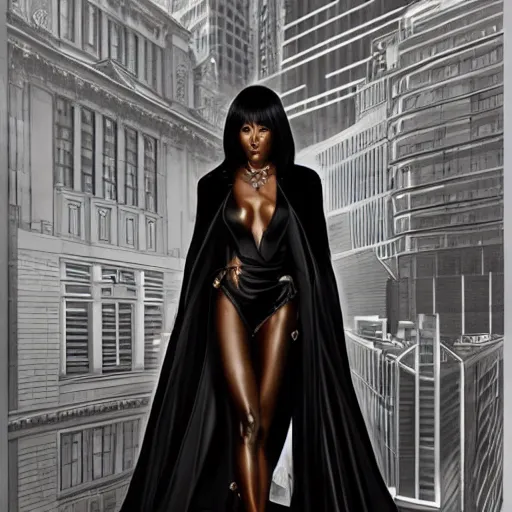 Prompt: full figure ultra realistic illustration, naomi campbell wearing a black pantsuit in a new york city office, intricate, elegant, highly detailed, digital painting, artstation, concept art, smooth, sharp focus, illustration, art by artgerm and greg rutkowski and alphonse mucha