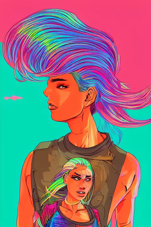 Image similar to a award winning half body portrait of a beautiful woman with stunning eyes in a printed croptop and cargo pants with rainbow colored ombre hairstyle head in motion and hair flying by josan gonzales, outrun, vaporware, shaded flat illustration, digital art, trending on artstation, highly detailed, fine detail, intricate