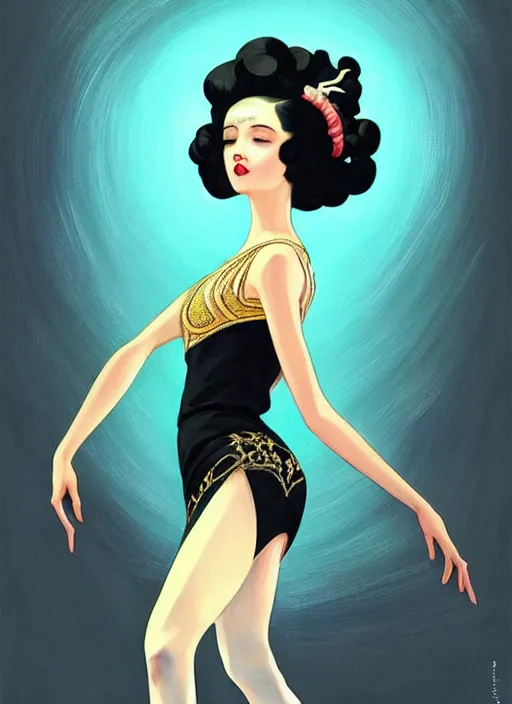 Prompt: a beautiful dancer with black hair in 1930's fashion, living room background, intricate, highly detailed, digital painting, artstation, official media, anime key visual, concept art, rich vivid colors, ambient lighting, sharp focus, illustration, art by Artgerm, Makoto Shinkai, Ilya Kuvshinov, Lois Van Baarle, and Rossdraws