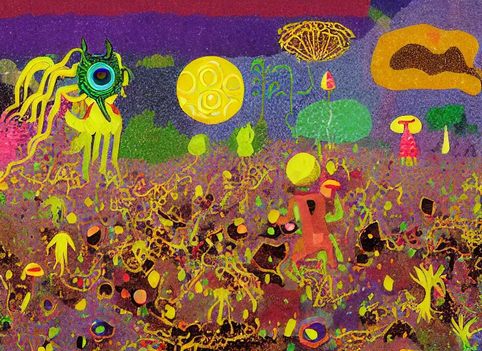 Image similar to pixel decollage painting golden armor alien zombie horseman riding on a crystal bone dragon broken rainbow diamond maggot horse in a blossoming meadow full of colorful mushrooms and golden foil toad blobs in a golden sunset, distant forest horizon, painted by Mark Rothko, Helen Frankenthaler, Danny Fox and Hilma af Klint, pixelated, neo expressionism, semi naive, rich deep colors, cinematic, color field painting, cave painting, voxel, pop art look, outsider art, minimalistic. Barnett Newman painting, part by Philip Guston and Frank Stella art by Adrian Ghenie, 8k, extreme detail, intricate detail, masterpiece