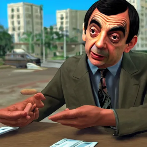 Image similar to mr bean as a drug dealer, gta 5 cover art