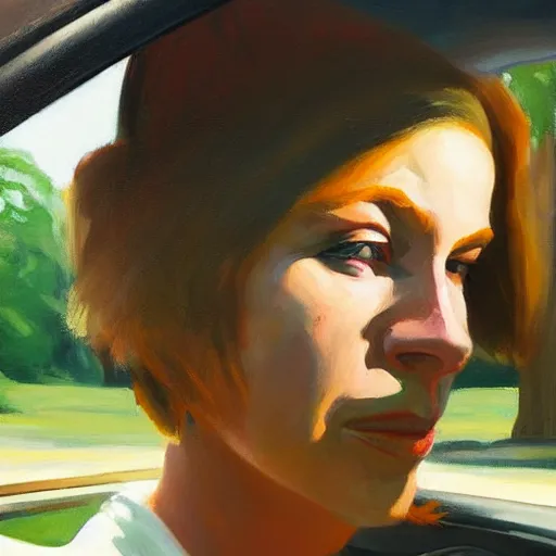 Image similar to Close-up portrait in car, dated a woman that lived on Cooterneck Road, She had a Catfish Camero and was cooler than me, by Edward Hopper, Bo Bartlett, and Cynthia Sheppard, Artstation