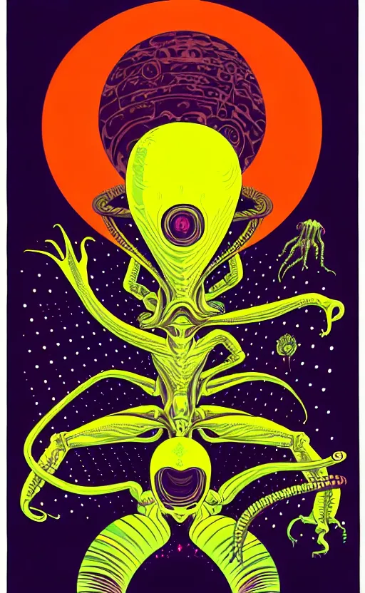 Image similar to psychedelic aliens, wide angle shot, white background, vector art, illustration by frank frazetta