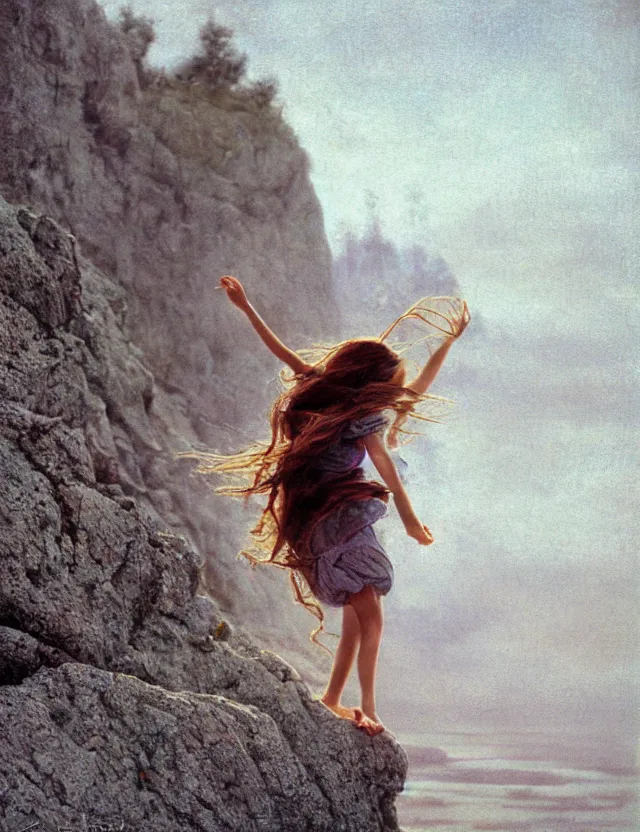 Prompt: peasant barefoot girl with long hair on wind rstanding on the edge of rock, cottage core, cinematic focus, polaroid photo bleached vintage pastel colors high - key lighting, soft lights, foggy, by steve hanks, by lisa yuskavage, by serov valentin, by tarkovsky, 8 k render, detailed, oil on canvas