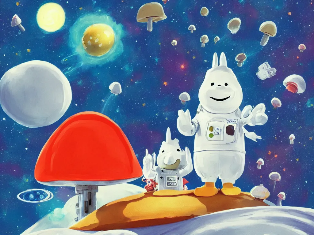 Prompt: moomins in a space suit discovering the mushroom planet, looking cute, photorealistic painting, movie still, warm colors, fluffy, cozy, low light, trending on artstation