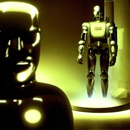 Image similar to movie scene of a man with a robot head, movie still, cinematic composition, cinematic lightning, Movie by David Lynch and Andrzej Żuławski