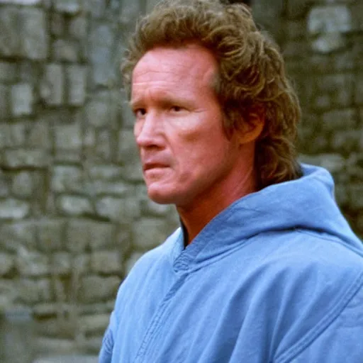 Image similar to linden ashby as a martial artist wearing a light blue hood in a dark medieval castle, 1 9 9 1, movie still