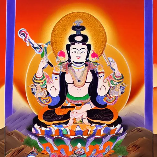 Prompt: thangka painting depicting vajrabhairava, hyperrealistic, highly detailed, trending on artstation