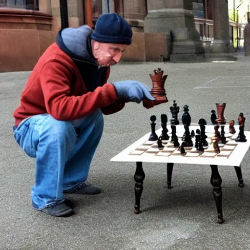 Prompt: Man playing chess with a pigeon