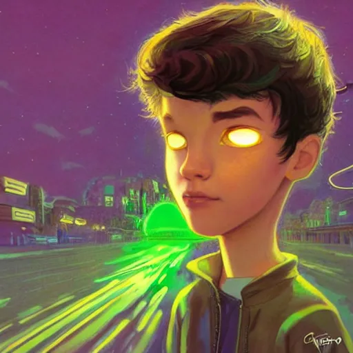 Image similar to a young man with short wavy brown hair and glowing green eyes as a super hero, pixar cute, highly detailed, sharp focus, neon color, digital painting, artwork by Jeremiah Ketner + Mati Klarwein + Fintan Magee + Chris Mars, background artwork by greg rutkowski