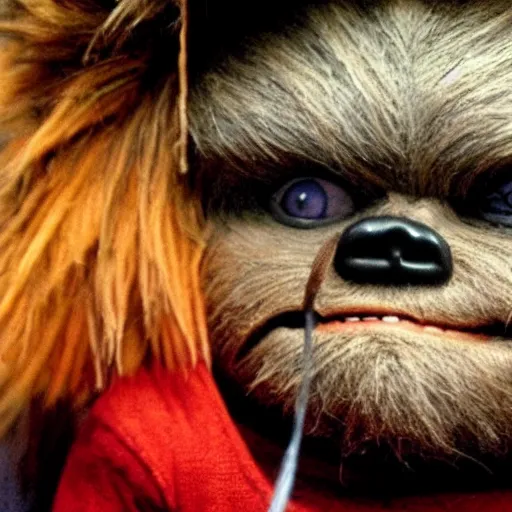 Image similar to an Ewok dressed as Chucky the doll from the movie Child's Play