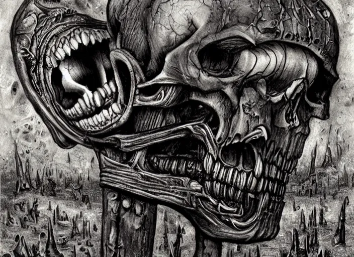 Prompt: the Laughing Skull Chainsaw by H.R. Giger