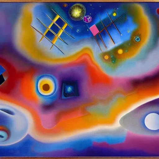 Prompt: a hd surrealism painting of 3d starry galactic abstraction landscapes by dali and kandinsky, ultra detailed, 4k, oil on canvas