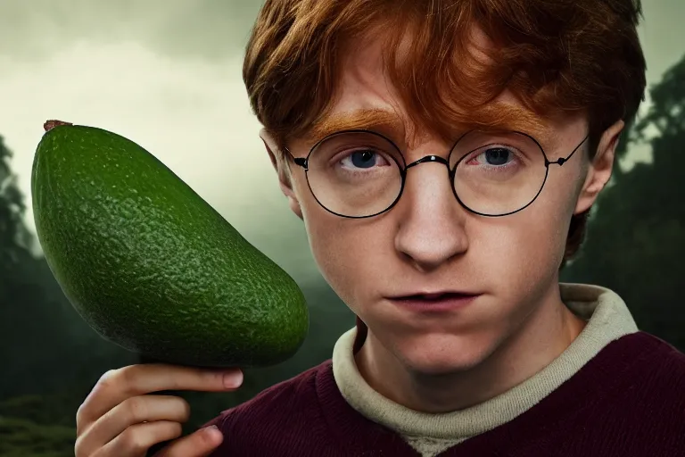 Image similar to an ultra realistic, cinematic, headshot portrait, of harry potter, ron weasley, hermoine granger as an avocado, fantasy, avocado, facial features, background of a vast serene landscape, with trees and rivers, detailed, deep focus, movie still, dramatic lighting, ray tracing, by michal karcz and yoshitaka amano