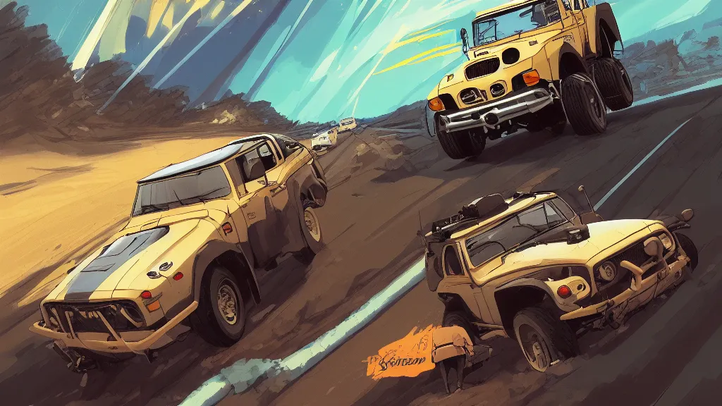 Prompt: digital illustration of mad max's fj 4 0 pursuit special, the last v 8 interceptor driving down a deserted valhalla highway in the middle of the day by studio ghibli, anime style year 2 0 9 3, by makoto shinkai, ilya kuvshinov, lois van baarle, rossdraws, basquiat