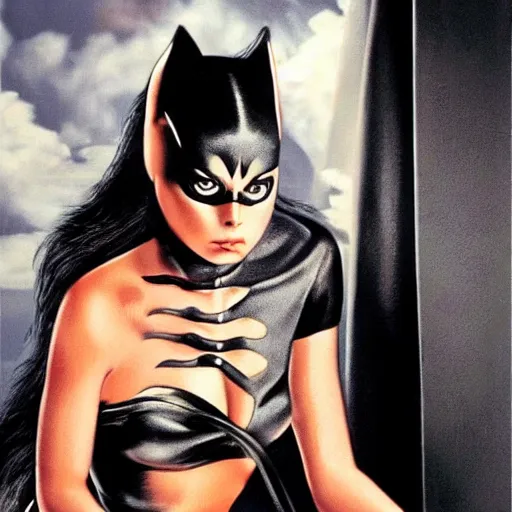 Image similar to ornella muti as cat woman unzipping her jumpsuit, 8 k resolution hyperdetailed photo realistic, extremely high quality and life like