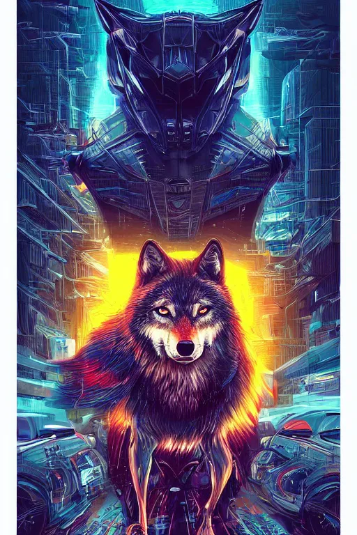 Image similar to a portrait of a wolf with thunders in the sky in a future cybernetic city, outrun style and colours, trending on arstation, by dan mumford, by ross tran