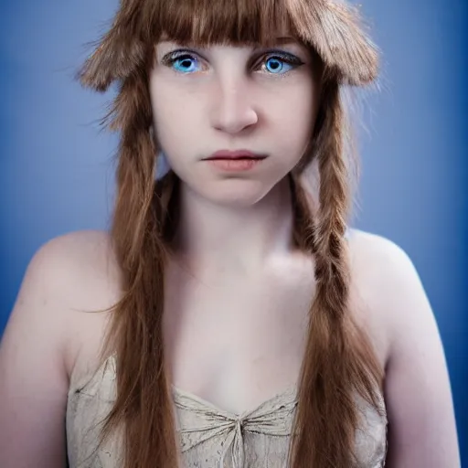 Prompt: A stunningly beautiful high key studio portrait adorable young curvy elven princess with Steve McCurry blue eyes. Pale skin.