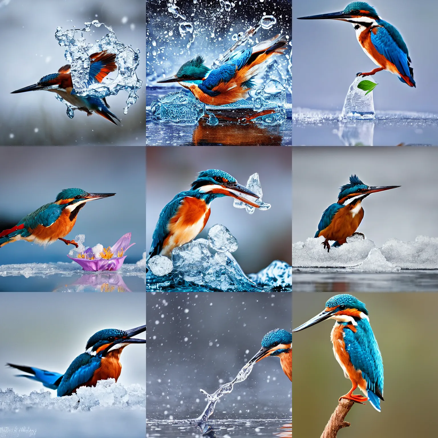 Prompt: a kingfisher finding a beautiful flower, entrapped in ice, only snow in the background, beautiful macro photography, warm ambient light