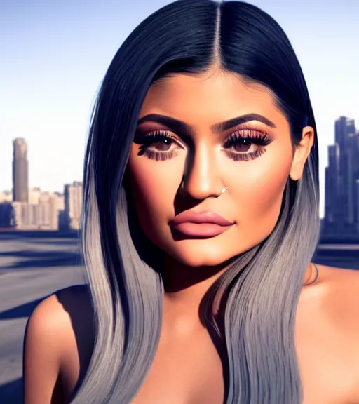 Prompt: photography of kylie Jenner, pleading eyes, cute pout, bright sunny time, serene city setting, medium shot, mid-shot, highly detailed, trending on Artstation, Unreal Engine 4k