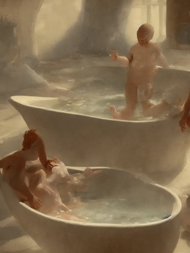 Image similar to steaming bath in a clubfoot bathtub by disney concept artists, blunt borders, rule of thirds, golden ratio, godly light