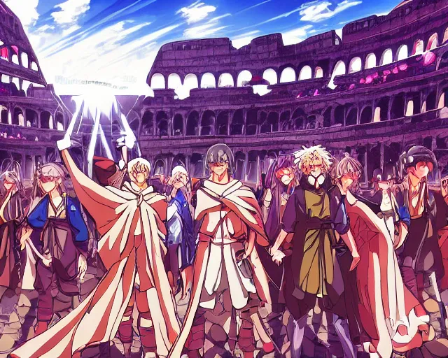 Image similar to cell shaded anime key visual of wizards in a colosseum with a crowd in the style of studio ghibli, moebius, ayami kojima, makoto shinkai, dramatic lighting, clean lines