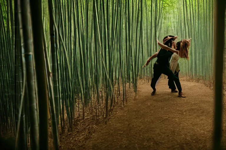 Image similar to cinematography closeup portrait of couple dancing in a bamboo forest, thin flowing fabric, natural light by Emmanuel Lubezki