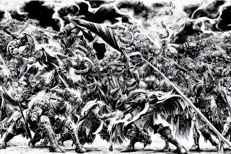 Image similar to epic battle scene of knights, high contrast, by kentaro miura