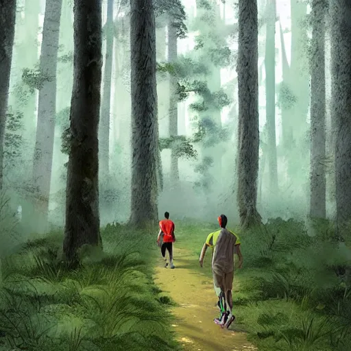 Image similar to Very highly detailed a guy in acid-green athletic sneakers runs through a forest with tall trees, a shot from the back in perspective, art by Marc Simonetti,