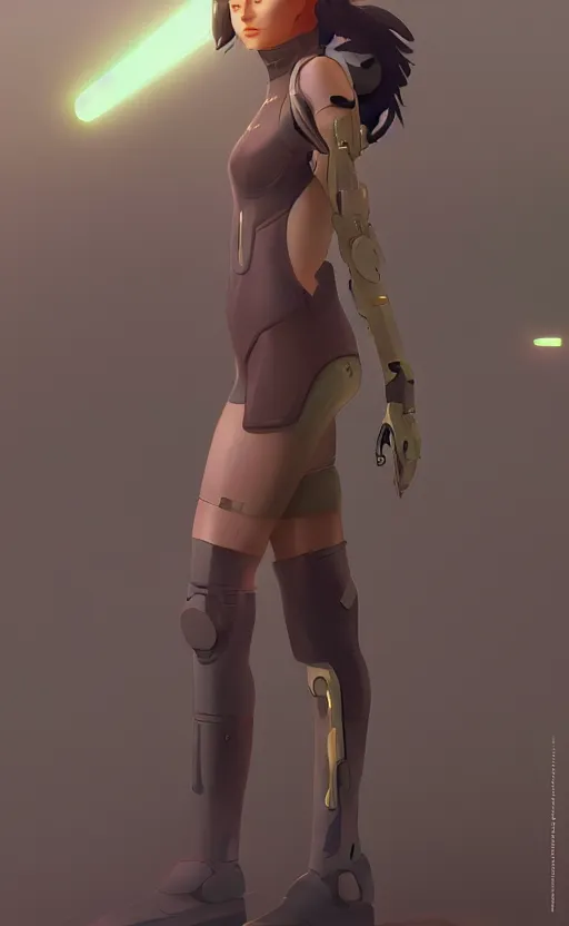 Image similar to sci fi female character, muted colored bodysuit, sci-fi oversized extra-large mech boots that go up to the thigh, soft lighting, wojtek fus, by Makoto Shinkai and Ilya Kuvshinov,