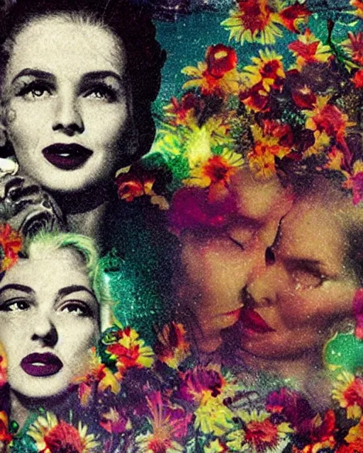 Prompt: nuclear explosion, different women's faces, cut and paste collage, mutated flowers, soft glow, 1 9 5 0 s, hypnotized, gritty texture, radioactive, serene emotions