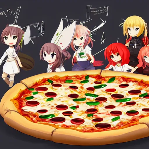 Prompt: pizza with anime toppings, anime fantasy illustration by tomoyuki yamasaki, kyoto studio, madhouse, ufotable, square enix, cinematic lighting, trending on artstation