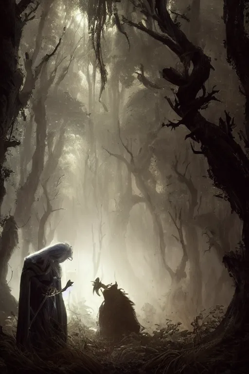 Image similar to a fancy illustrated portrait of a beautiful dark mage performing a ritual deep in the forbidden forest by Greg Rutkowski, Sung Choi, Mitchell Mohrhauser, Maciej Kuciara, Johnson Ting, Maxim Verehin, Peter Konig, final fantasy , mythical, 8k photorealistic, cinematic lighting, HD, high details, atmospheric,