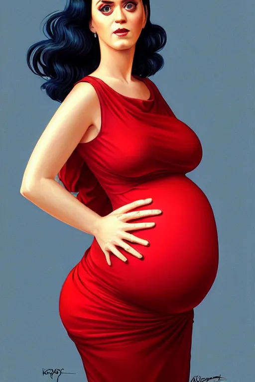 Image similar to pregnant katy perry in a red dress, realistic portrait, symmetrical, highly detailed, digital painting, artstation, concept art, smooth, sharp focus, illustration, cinematic lighting, art by artgerm and greg rutkowski and alphonse mucha