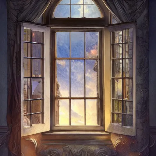 Image similar to digital illustration of a beautiful window open front view, complete window!, realistic aesthetic, a watercolor and matte painting by mark keathley and mandy jurgens and charlie bowater, cgsociety, artdeco, utopia art, bold colors, sci - fi, artstation hq