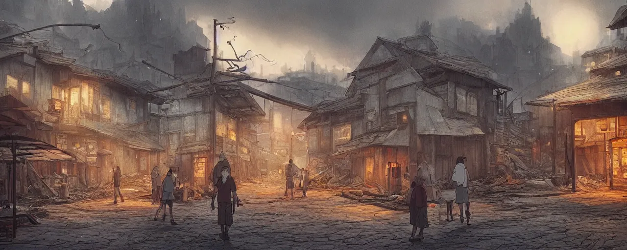 Prompt: “The eerie, forlorn atmosphere of a marketplace that is usually bustling with people but is now destroyed by wildfire in the style of studio ghibli, fantasy book illustration 8k movie poster, cinematic composition, ultra detailed, HDR shot”
