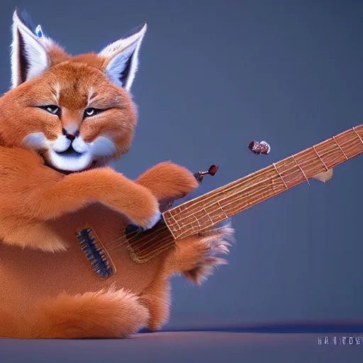 Image similar to cute fluffy caracal playing fluffy guitar, fully detailed, high quality , 4k , octane render , soft light , masterpiece