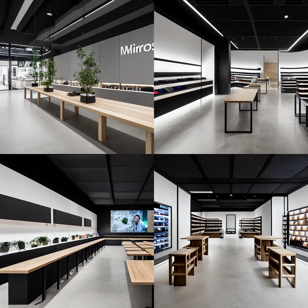 Prompt: (2050s Microsoft minimalist zen japandi retail interior. Mobile phones. large oak tables, empty stools, fragrant plants, large digital screens, polished concrete, black walls, timber accents) muted palette, architectural photography, wide shot, retaildesignblog.net, 14mm