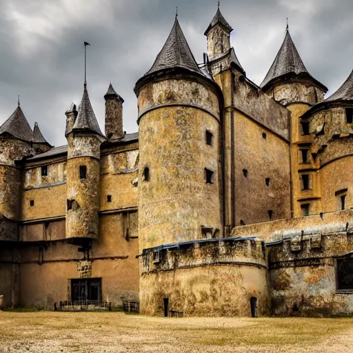 Prompt: photo of a metal medieval castle with machines guns on top of the walls