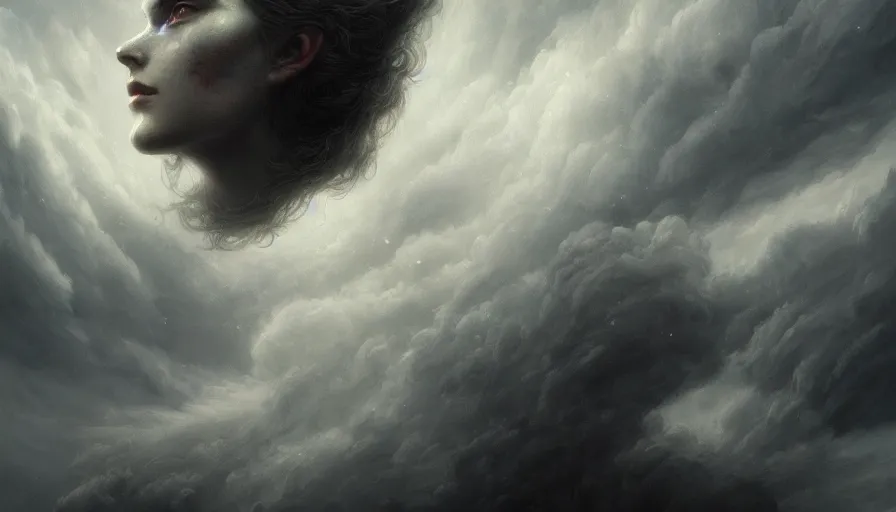 Image similar to face in the clouds, face made out of clouds, fantasy, dramatic, intricate, elegant, highly detailed, digital painting, artstation, concept art, smooth, sharp focus, illustration, art by gustave dore, octane render