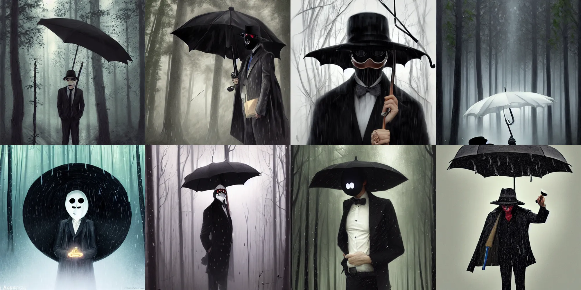 Prompt: a disguised man with a white smiley mask, black hat and black suit, holding a black umbrella, in a dark forest, raining atmosphere, fantasy, intricate, elegant, highly detailed, digital painting, artstation, concept art, smooth, sharp focus, illustration, art by artgerm and greg rutkowski and alphonse mucha