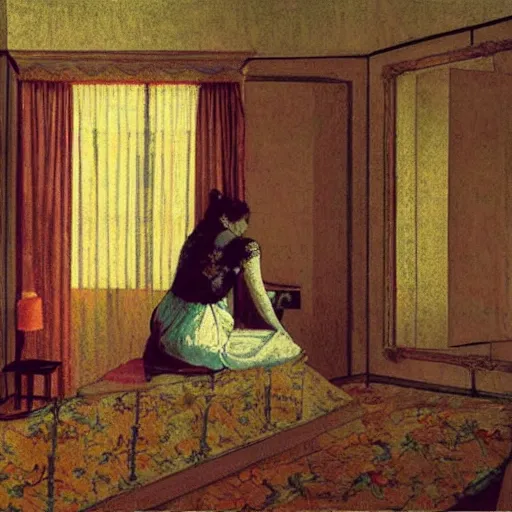 Image similar to a lonely girl in a liminal hotel room, baroque wallpaper, film still by kubrik, depicted by balthus, limited color palette, very intricate, art nouveau, highly detailed, lights by hopper, soft pastel colors, minimalist