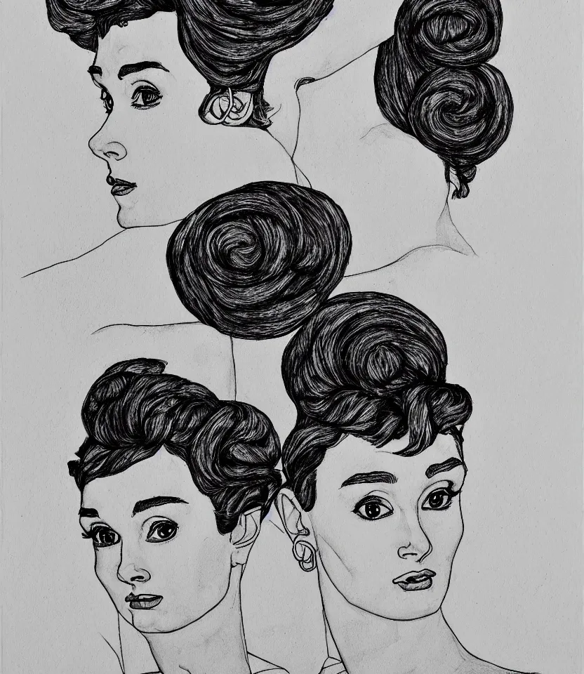 Image similar to detailed line art portrait of audrey hepburn, inspired by egon schiele. contour lines, twirls, curls, curves, strong confident personality