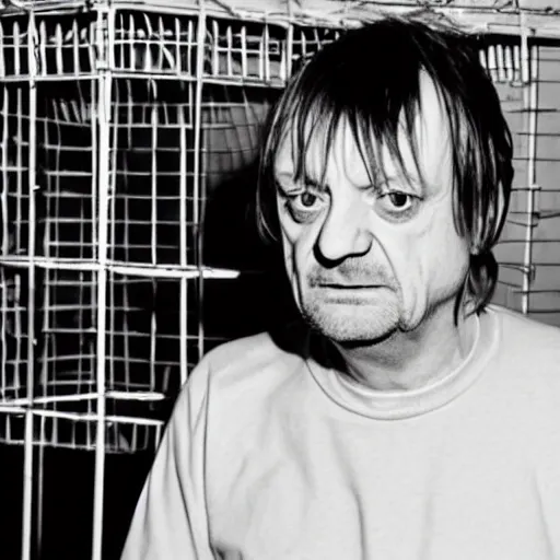 Image similar to mark e smith uncomfortably crouched in a small cage with a sign that says for sale