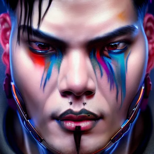 Prompt: portrait painting of a cyberpunk jackson wang with a z tattooed on his forehead, ultra realistic, concept art, intricate details, eerie, highly detailed, photorealistic, octane render, 8 k, unreal engine. art by artgerm and greg rutkowski and magali villeneuve and alphonse mucha