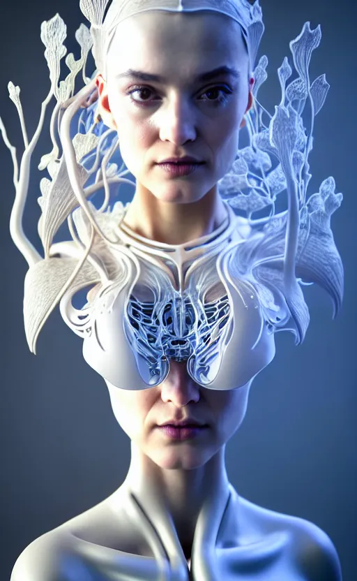 Image similar to intricate hyper detailed ultra sharp 3 d render of a beautiful smooth translucent porcelain seductive cyborg woman portrait, medium shot portrait, bright light, alexandre ferra mecha, haute couture cyberpunk art nouveau huge white fractal mycelum and fungi magnolia goliath head ornaments, big embroidered leaves filigree sinuous roots, octane render, volumetric cinematic lighting, 8 k, vray tracing