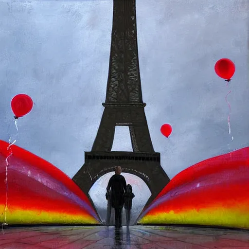 Image similar to two people standing in front of eiffel tower at trocadero holding red baloons, rainy day, strong colors, painting by eugene de lacroix,