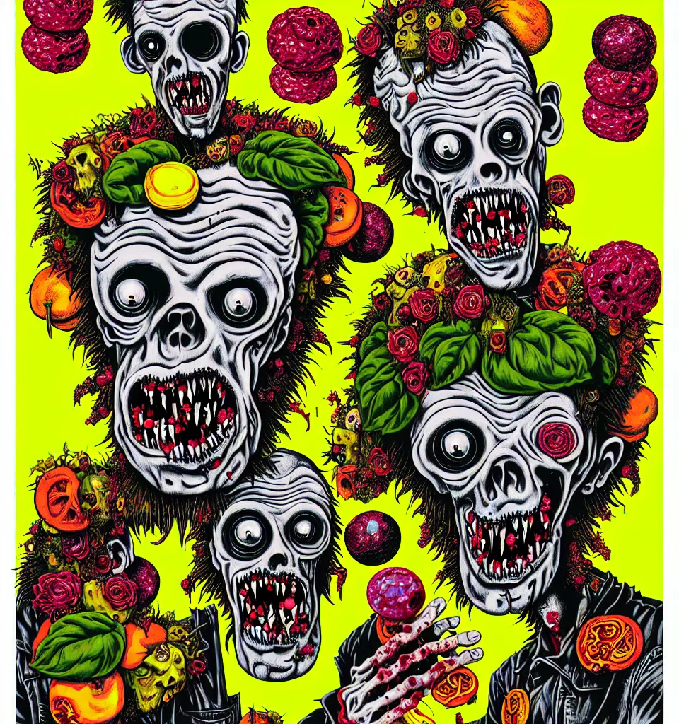 Prompt: portrait of a zombie punk rock band, t - shirt, ripped jeans, head made of fruit gems and flowers in the style of arcimboldo, basil wolverton, philip taaffe, cartoonish graphic style, street art, silkscreen pop art, punk graphics, photocopy