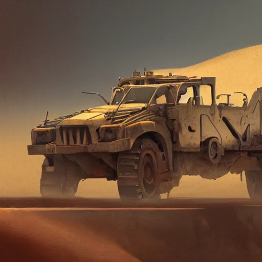 Prompt: a large rusted metallic machine driving through the desert, artstation, Ben Wootten
