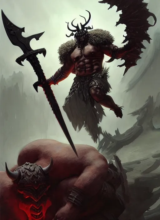 Prompt: a barbarian male horned demon with a huge sword and wings, dim light, front game card, marvel comics, dark, intricate, highly detailed, smooth, artstation, digital illustration by ruan jia and mandy jurgens and artgerm and wayne barlowe and greg rutkowski and zdislav beksinski